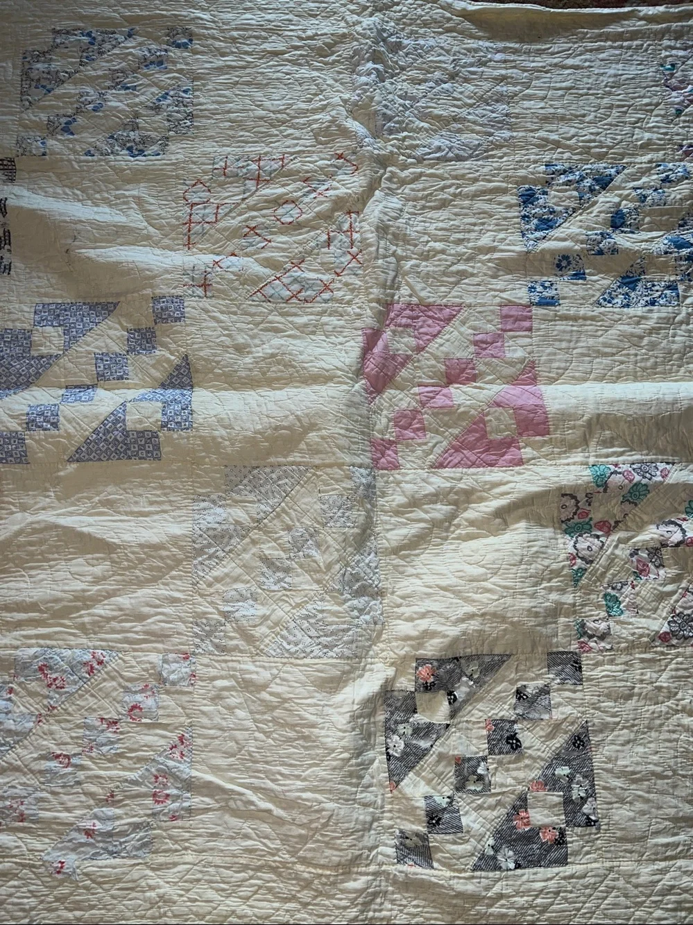 Antique twin size handmade squares patchwork triangle quilt 54” x 80”